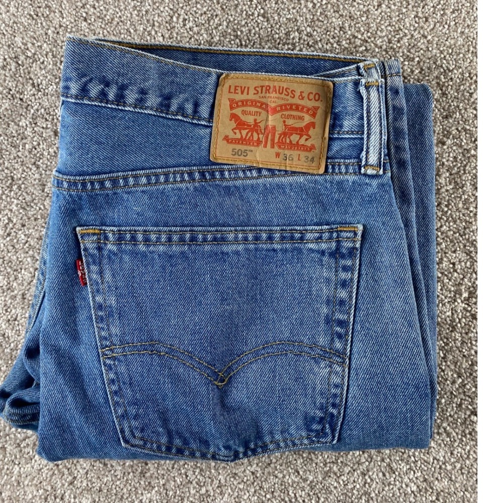 Levis 505 Regular Fit Straight Leg Jeans Blue Denim Medium Wash Work Mens 36x34